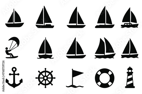 Nautical silhouettes: sailboats, anchor, helm, lighthouse, and lifebuoy icons