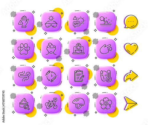 Dont touch, Vaccination schedule and Blood donation line icons. App 3d buttons. Social media comment, share, like icons. Pack of Bicycle parking, Vaccine report, Dog paw icon. Vector