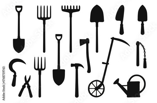 Silhouette collection of various garden tools including shovels, rakes, and watering can