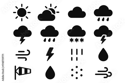 Weather icons set: sun, clouds, rain, snow, storms, wind symbols in black