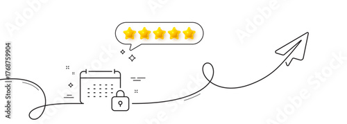 Calendar locked line icon. Continuous line with share plane. Annual planner sign. Event schedule symbol. Five star rate review in speech bubble. Calendar single line ribbon. Loop curve pattern. Vector