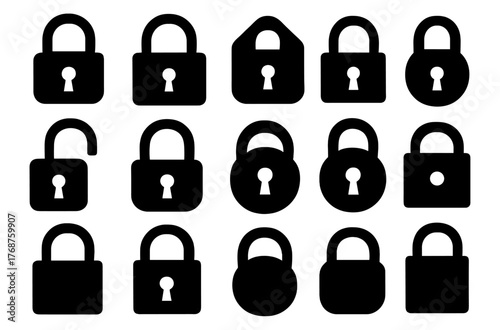 Collection of various black padlock icons in multiple styles and designs on white background