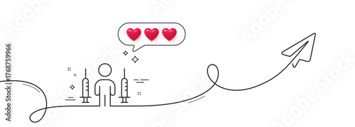Coronavirus two injections line icon. Continuous line with share plane. Corona vaccine syringe sign. Covid jab symbol. Hearts rate review in speech bubble. Vector