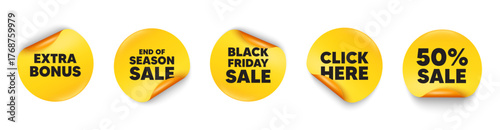 Extra bonus sticker tag. 50 percent discount, Black friday paper price banners. Extra bonus offer tag. Special gift promo sign. Sale promotion symbol. Click here sticker. Vector