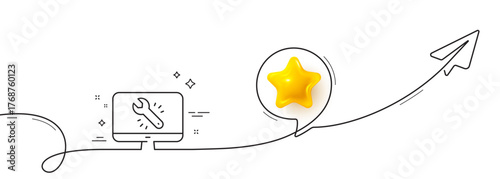 Spanner tool line icon. Continuous line with share plane. Monitor or computer repair service sign. Fix instruments symbol. 3d star in speech bubble. Monitor repair single line ribbon. Vector