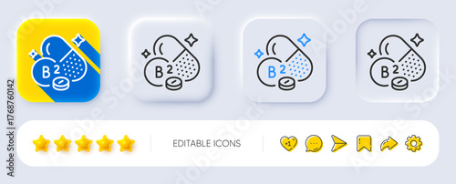 Vitamin B2 line icon. Neumorphic, Flat shadow, 3d buttons. Riboflavin food nutrient sign. Capsule or pill supplement symbol. Line riboflavin vitamin icon. Social media icons. Vector