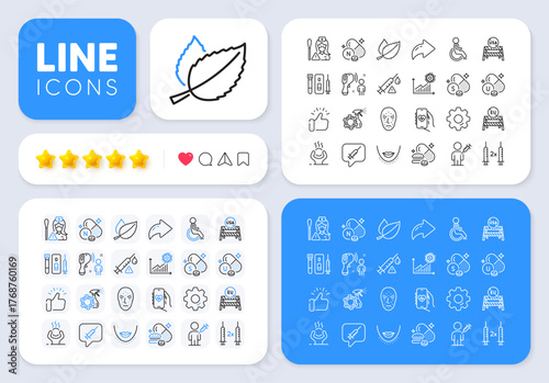 Overeating pills, Coronavirus statistics and Vaccine attention line icons for web app. Message, Share, Like social media icons. Vector