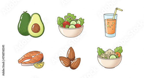 Healthy eating cartoon icon set featuring balanced diet foods like fish, nuts, and vegetables