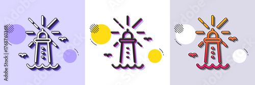 Lighthouse line icon. Halftone dotted pattern. Gradient icon with grain shadow. Beacon tower sign. Searchlight building symbol. Line lighthouse icon. Various designs. Vector