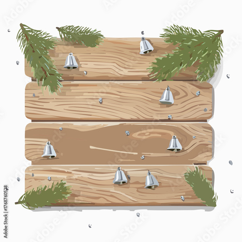 An overhead view of a rustic wooden table covered with scattered pine needles and tiny silver bells.