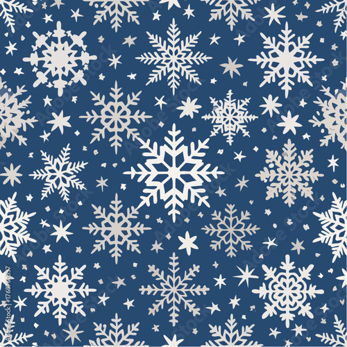A perfectly uniform pattern of stylized white snowflakes repeats across a clean, crisp midnight blue canvas.