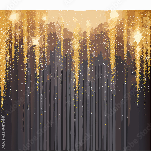 A shimmering curtain of cascading golden glitter falls against a dark velvet surface, catching the light.