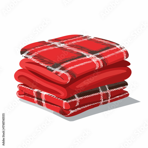 The focus is entirely on a stack of neatly folded tartan plaid blankets showing a traditional red pattern.