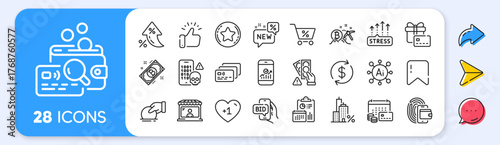 Bitcoin, Donate and Money calendar line icons. Interest rate, AI generate, Inflation icons. Pack of Usd exchange, Smartphone statistics, Card icon. Vector