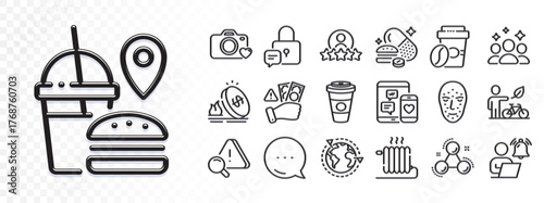 Radiator, Human rating and Takeaway coffee line icons for web app. Glare of light effect. Message icon. Pack of Social media, Squad, Lock pictogram icons. Vector
