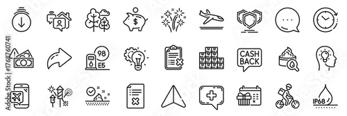 Moisturizing cream, Scroll down and Fireworks rocket line icons pack. Share, Message, Paper plane icons. Petrol station, Flight mode, Shields web icon. Vector