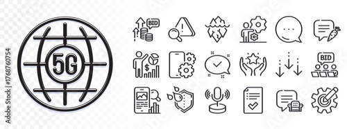 Approved, 5g internet and Microphone line icons for web app. Glare of light effect. Message icon. Pack of Phone service, Seo statistics, Chat bubble pictogram icons. Vector