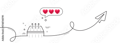 Breathable mattress line icon. Continuous line with share plane. Orthopedic pad sign. Air flow sleep bed symbol. Hearts rate review in speech bubble. Breathable mattress single line ribbon. Vector