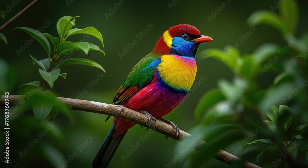 Fototapeta premium A vibrant bird perched on a branch surrounded by lush green leaves.