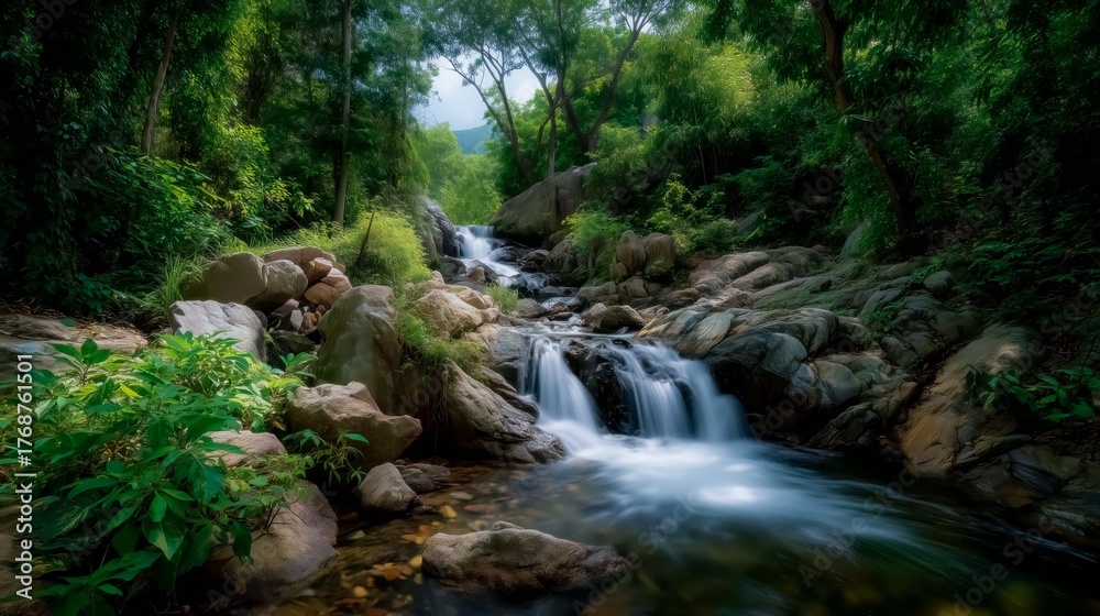 Obraz premium Vibrant Lush Foliage Surrounding Tropical Waterfall Under Soft Daylight With Smooth Flowing Water