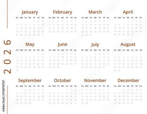 Minimalist English 2026 year calendar template single horizontal page with 12 month. Layout monthly planner week starts on sunday 