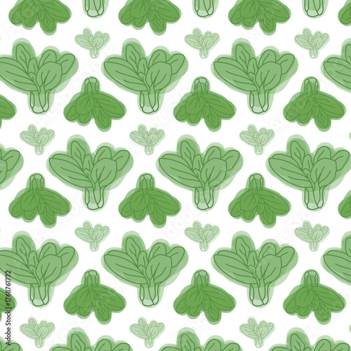 Seamless bok choy vegetable pattern in green shades for food packaging, decor, and textile design