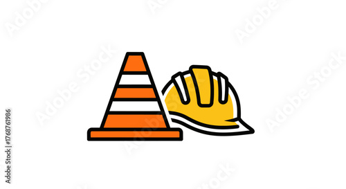 Iconic construction safety duo: a traffic cone and hard hat guarding the work zone well being
