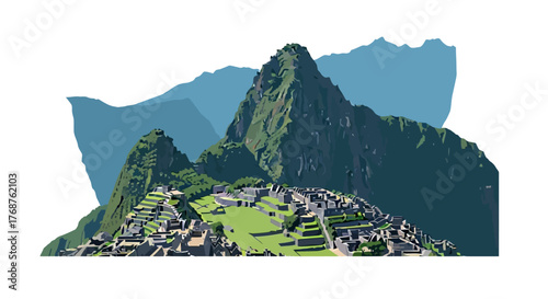 Machu Picchu illustration of an ancient inca citadel nestled amidst mountain peaks