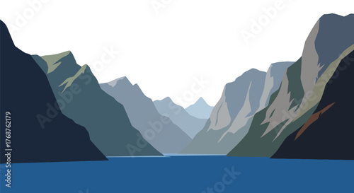 Graphical fjord landscape depicting the natural beauty of a deep fjord in geometric style