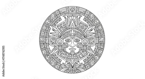 Detailed black and white line art illustration of a Mayan sun stone calendar design