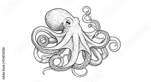 Detailed line art illustration of an octopus with swirling tentacles on a white background