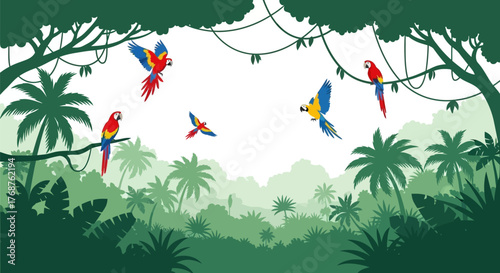 Lush tropical landscape adorned with vibrant macaws in flight and perched on branches in a verdant