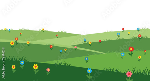 Delightful floral meadow landscape with vibrant blossoms on rolling hills illustration