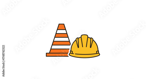 Depiction of safety measures through construction hat and traffic cone icons for safety awareness
