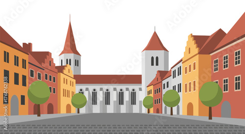 European town square with church and colorful buildings under clear sky, illustration