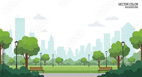 Serene cityscape backdrop featuring park with lush trees and benches for tranquil urban scenes