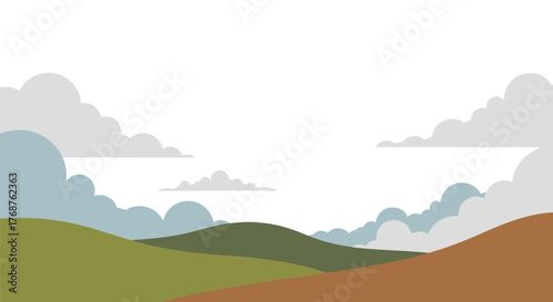 Stylized landscape illustration with layered hills and cloud formations above forming a scenic view