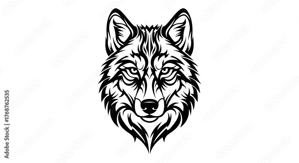 Obraz premium Detailed monochrome artwork depicting a wolf's face with intricate tribal design