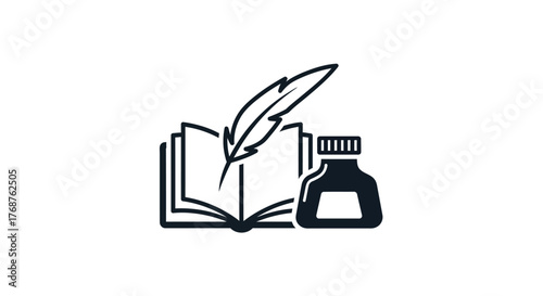 Illustration capturing literary creativity with a quill pen, open book, and ink bottle icon design