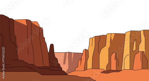 Cartoon style scenic panorama of a majestic canyon with towering rock formations and warm earthy