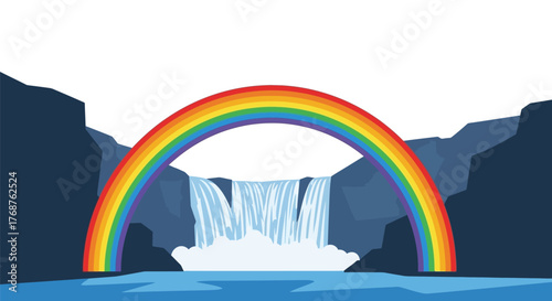 Vibrant rainbow arcing over a majestic waterfall cascading between rocky cliffsides with blue water