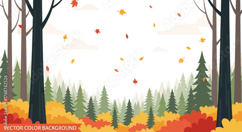 Cartoonish serene autumn forest landscape with falling leaves and detailed natural elements