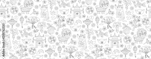 Chinese New Year Doodle Seamless Pattern, Lucky Cat, Dragon, Lanterns and Sakura Vector illustration