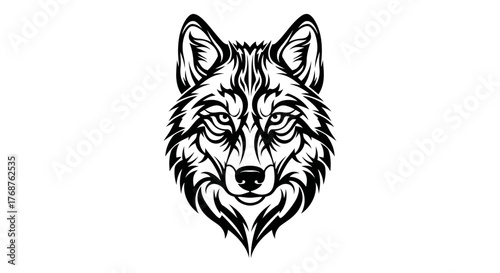 Detailed monochrome artwork depicting a wolf's face with intricate tribal design