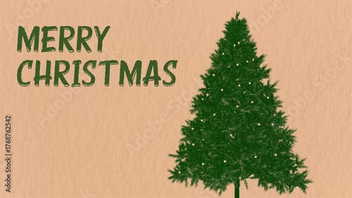 looping merry christmas greeting animation with halftone green christmas tree on textured kraft paper background