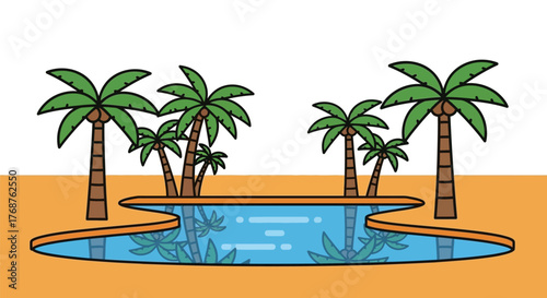 Tropical oasis illustration with swaying palms and serene pool reflection in paradise