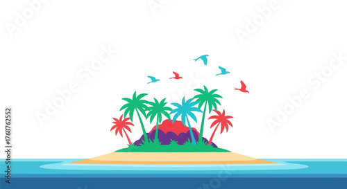 Idyllic tropical island escape featuring vibrant palm trees, birds in flight, and tranquil