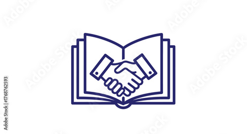 Knowledge exchange agreement displayed as a stylized handshake within a book graphic