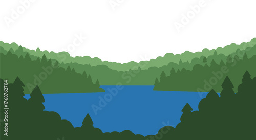 Scenic lake view illustration surrounded by rolling hills and evergreen trees in shades of green