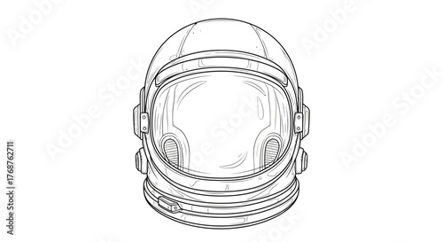 Detailed line art depiction of an astronaut's helmet, emphasizing its robust construction and